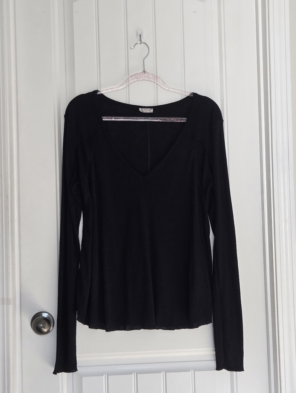Intimately Free People Ribbed V-Neck Lettuce-Edge Long Sleeve Top